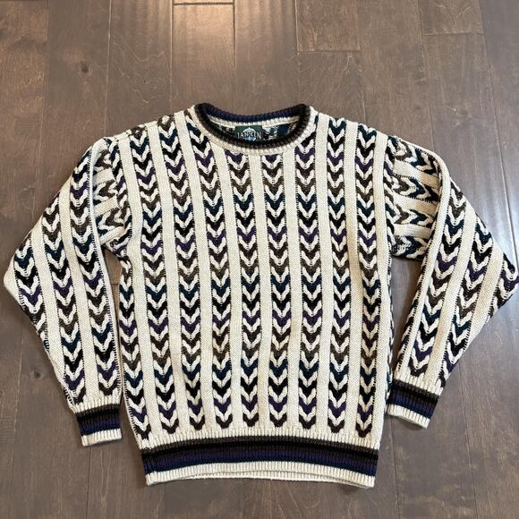 Jantzen Other - Vintage Jantzen Sweater Mens Medium Cream Purple Blue Brown Chevron Knit USA 90s